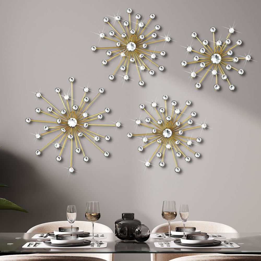 4 Pcs Starburst Wall Decor Bling Crystal Wall Art Rhinestones Sunburst Home⚡️